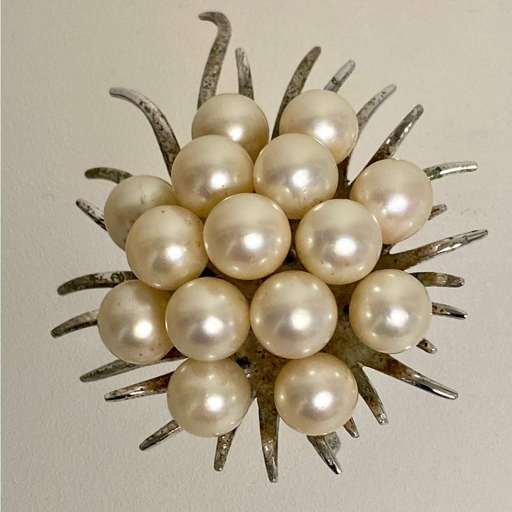 Vintage Pearl Brooch Sterling Silver 15 Cluster Pearls, Mid Century